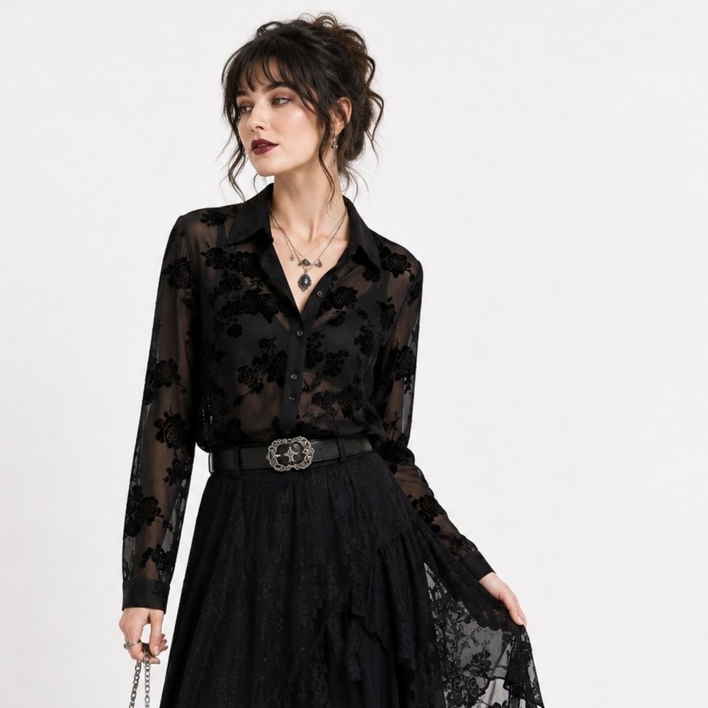 Black Sheer Floral Burnout Blouse PM Rose Gothic Romantic Whimsigoth Witchy